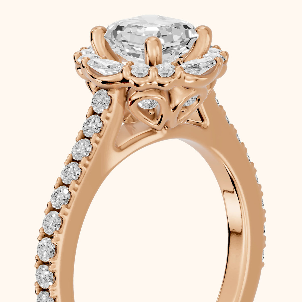Edina Floral Halo Asscher Diamond Engagement Ring in Rose Gold - slant-view.webp