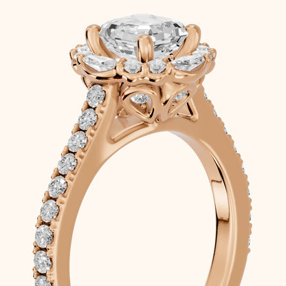 Edina Floral Halo Asscher Diamond Engagement Ring in Rose Gold - slant-view.webp
