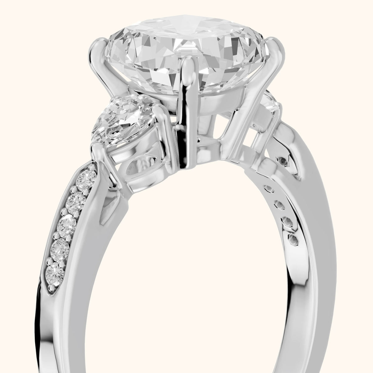 Mariana Pear-Side Three-Stone Cushion Diamond Engagement Ring in White Gold - slant-view.webp