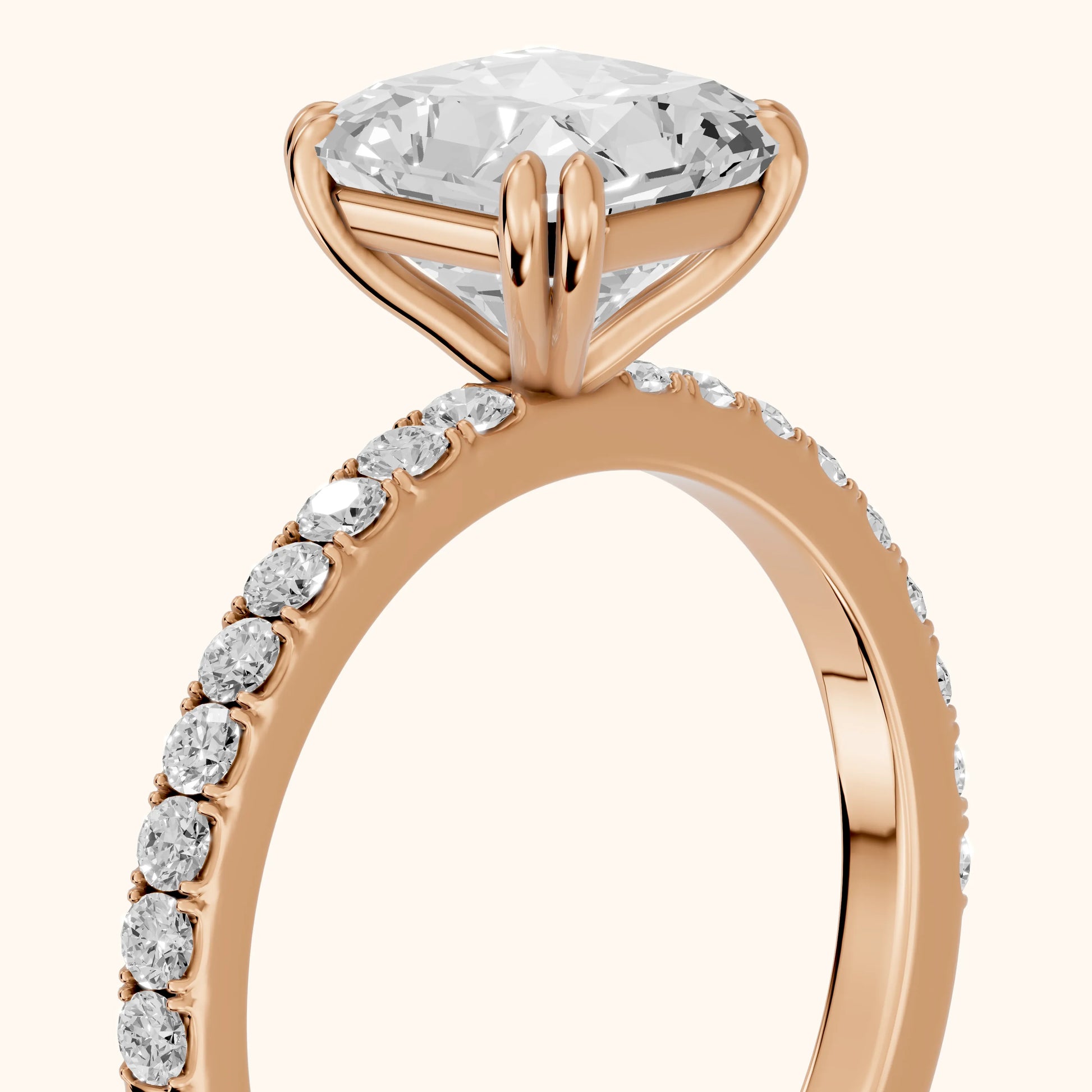 Novara Solitaire Pavé Radiant Diamond Ring in Rose Gold - slant-view.webp