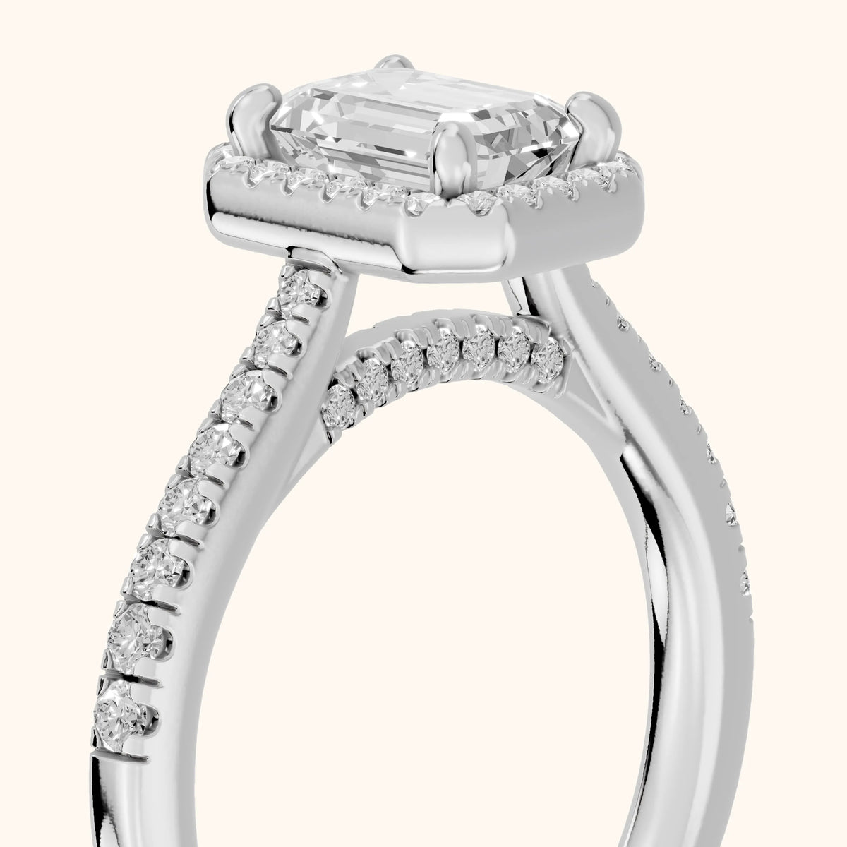 Pasco Halo Micropavé Emerald Diamond Engagement Ring in Silver - slant-view.webp