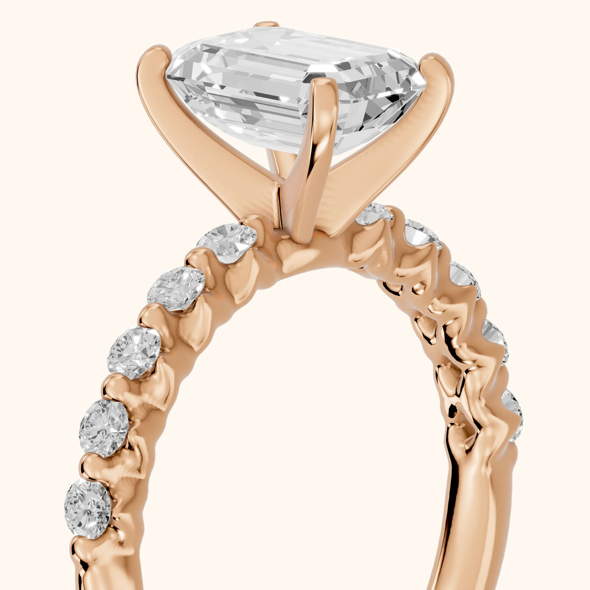 Louella Scalloped Pavé Emerald Diamond Engagement Ring in Rose Gold - slant-view.webp