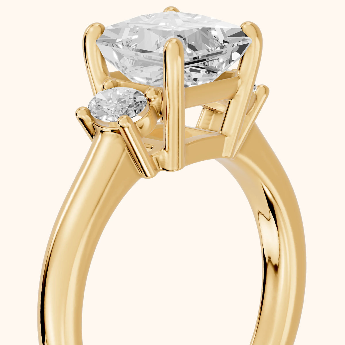 Alya Three-Stone Cathedral Princess Diamond Engagement Ring in Yellow Gold - slant-view.webp