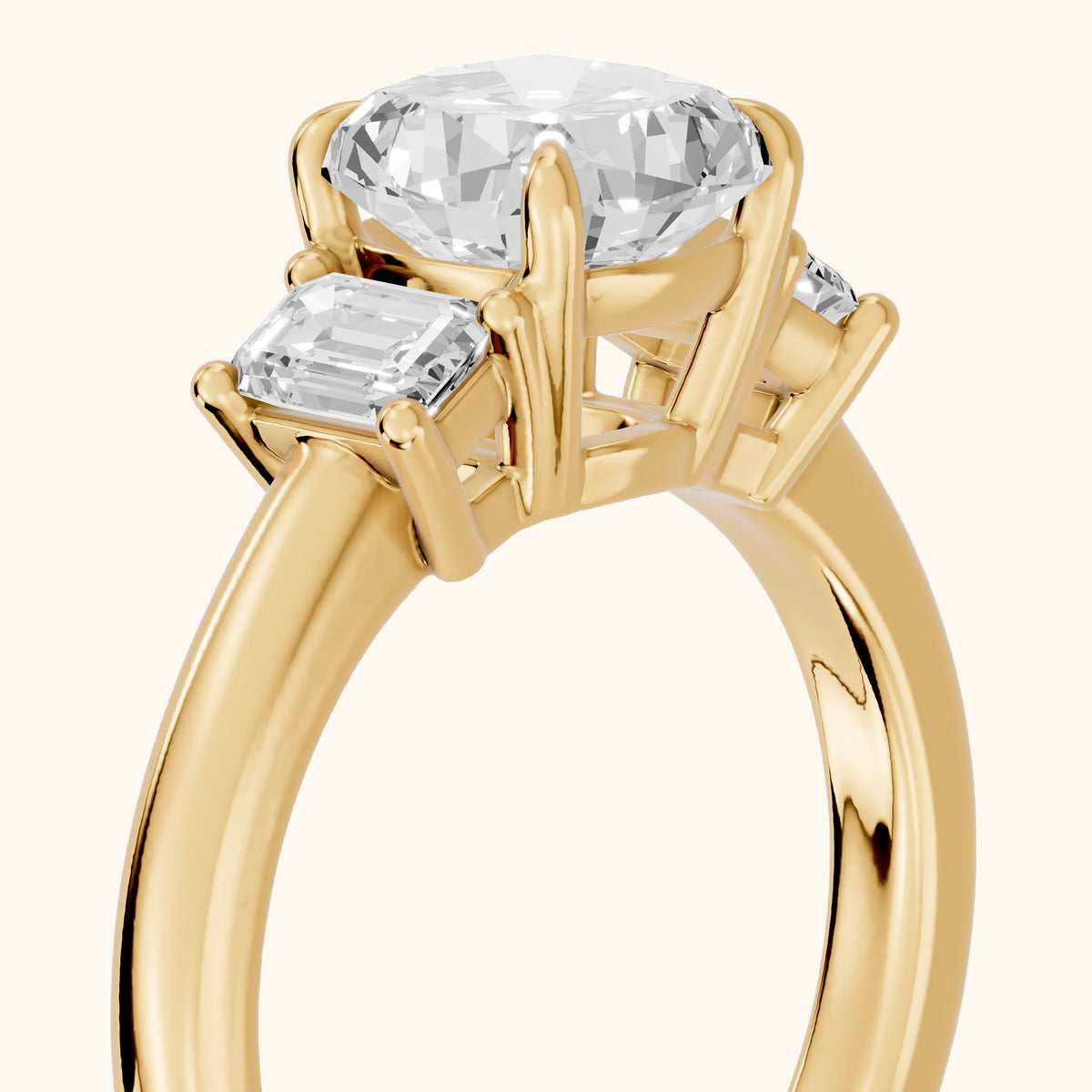 Babette Deco Three-Stone Cushion Diamond Engagement Ring in Yellow Gold - slant-view.webp