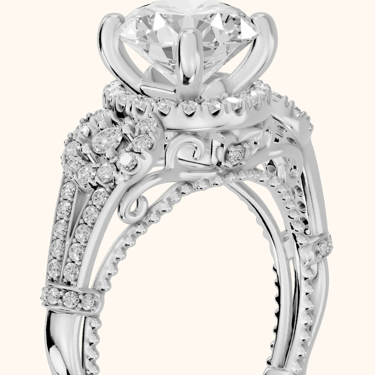 Maggie Vintage Halo Round Diamond Engagement Ring in White Gold - slant-view.webp