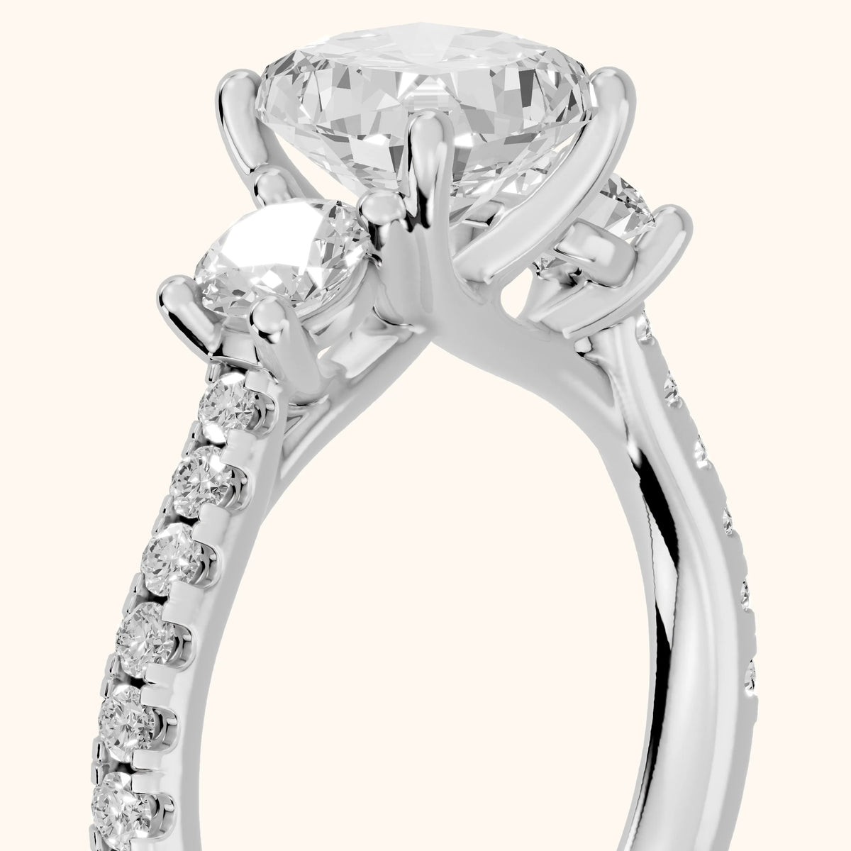 Sibyl Trellis Three-Stone Cushion Diamond Engagement Ring in Platinum - slant-view.webp