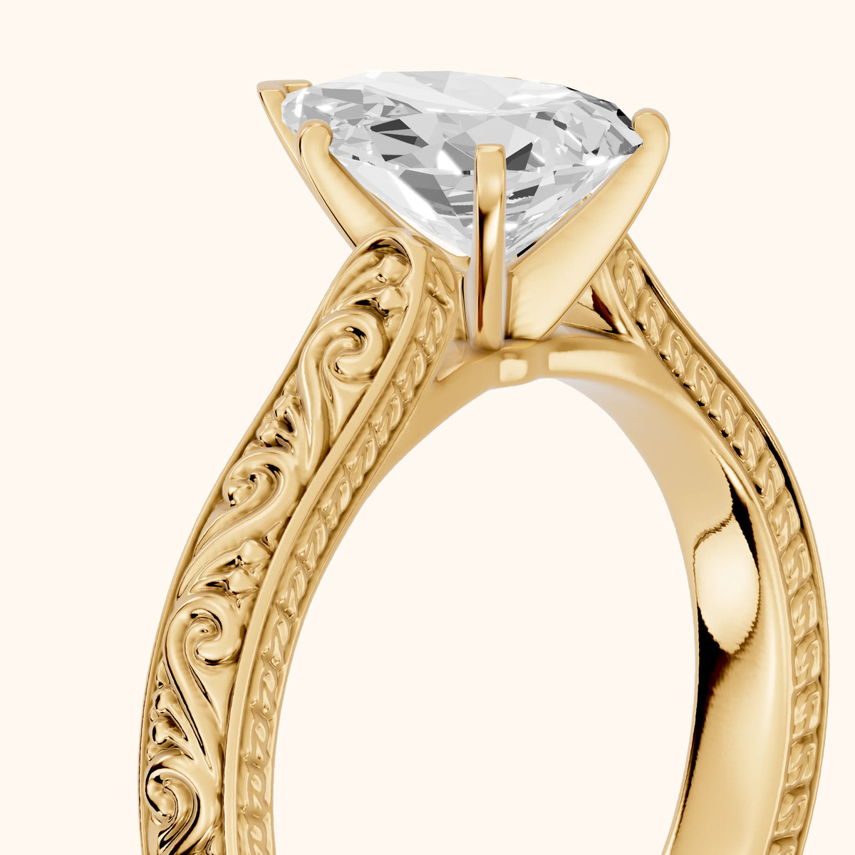 Fia Vintage Engraved Pear Diamond Engagement Ring in Yellow Gold - slant-view.webp